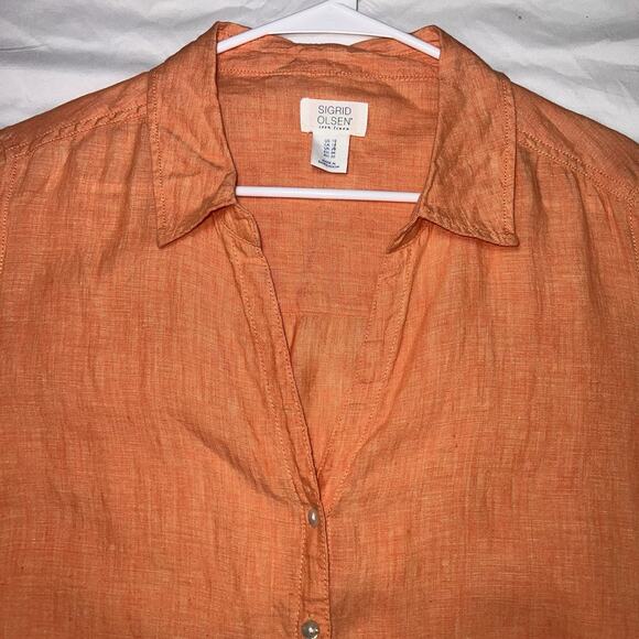 Sigrid Olsen Shirt Womens Plus Size 1X Coral Orange Linen Roll-Tab Sleeve Button - Picture 2 of 15